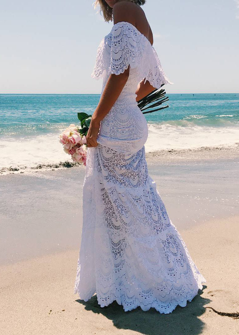 European and American Style White Cold Shoulder Lace Dresses Summer