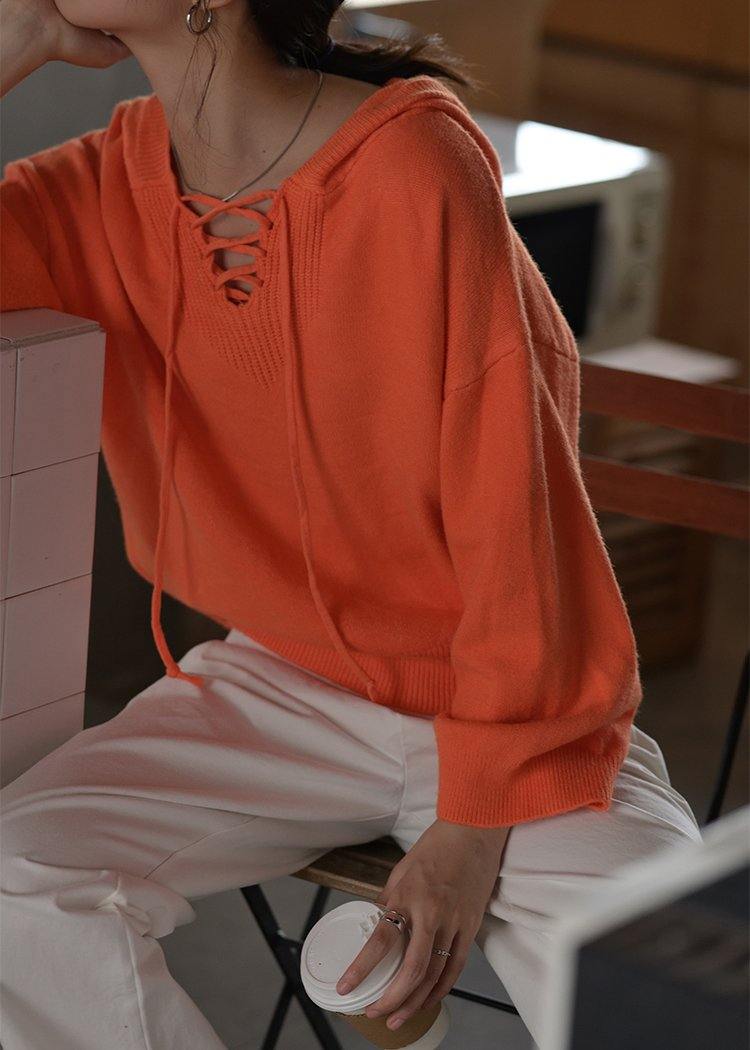 Orange Knitted Blouse Oversized Hooded Drawstring Knitted Tops