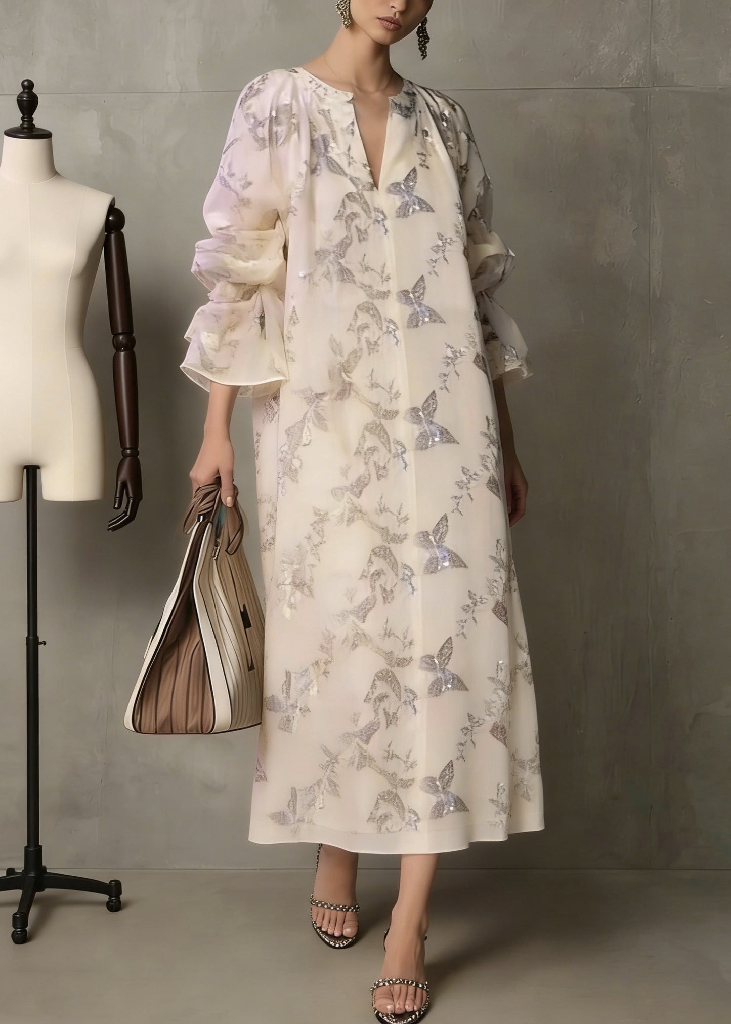 Apricot Butterfly Sequins Cotton Dress Flare Sleeve