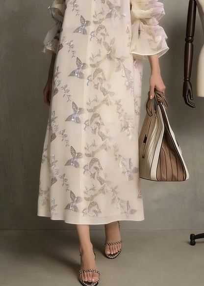 Apricot Butterfly Sequins Cotton Dress Flare Sleeve
