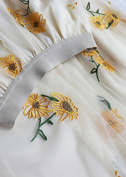 Apricot Embroideried High Waist Tulle Maxi Skirt Spring