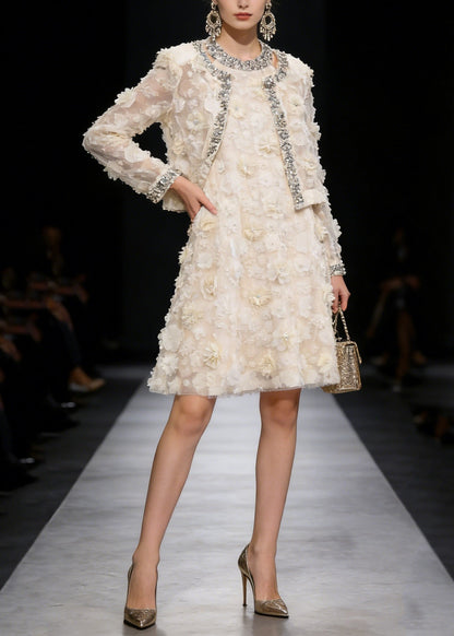 Apricot Coat and Dress Tulle Two Piece Suit Set Spring