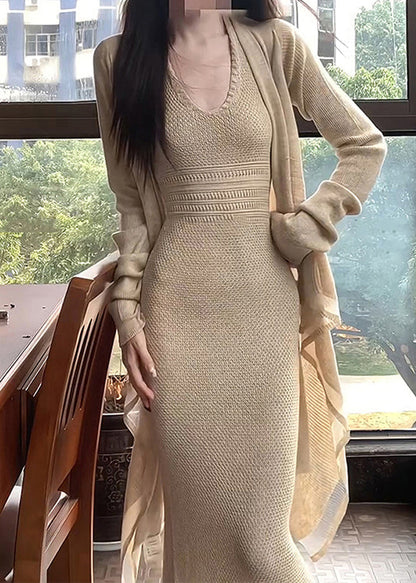 Apricot O-neck Halter Tunic Knit Cardigans and Long Dress Two Piece Set Spring