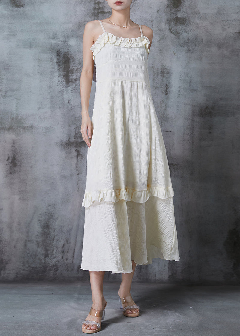 Apricot Ruffled Wrinkled Cotton Spaghetti Strap Dress Summer