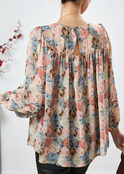 Apricot Square Collar Print Chiffon Top Bracelet Sleeve