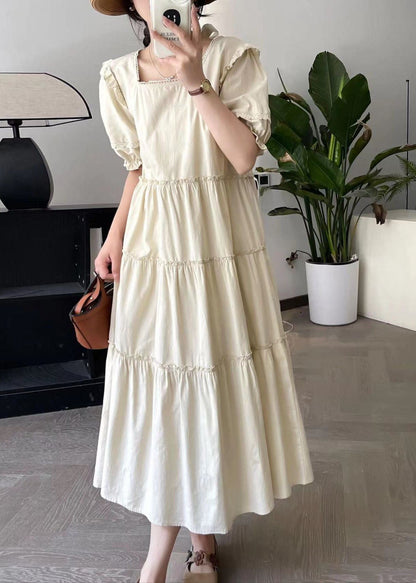Apricot Square Collar Long Dress Short Sleeve