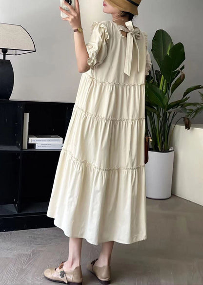 Apricot Square Collar Long Dress Short Sleeve