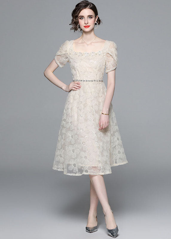 Apricot Square Collar Zircon Embroideried Tulle Dresses Summer