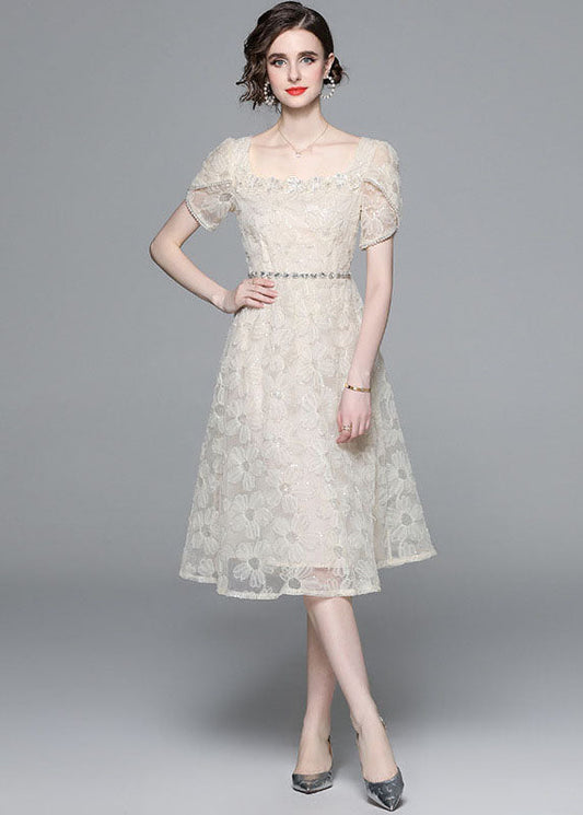 Apricot Square Collar Zircon Embroideried Tulle Dresses Summer