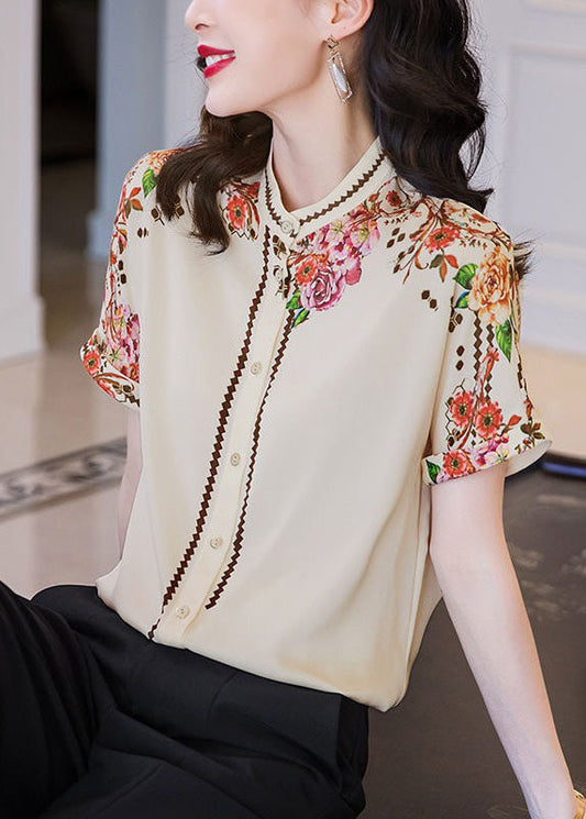 Apricot Stand Collar Print Patchwork Silk Top Summer
