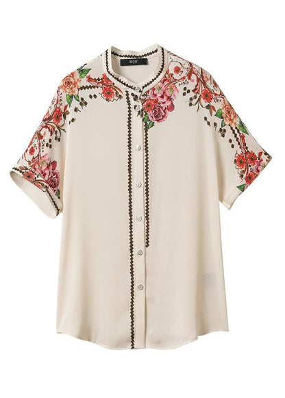 Apricot Stand Collar Print Patchwork Silk Top Summer