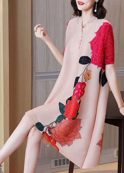 Apricot Stand Collar Wrinkled Print Silk a Line Dress Short Sleeve