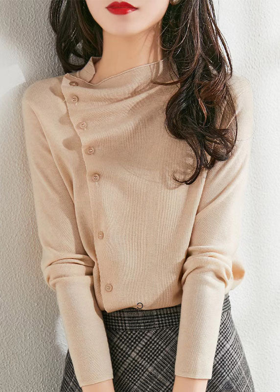 Beige Asymmetrical Wrinkled Button Wool Knit Pullover Spring