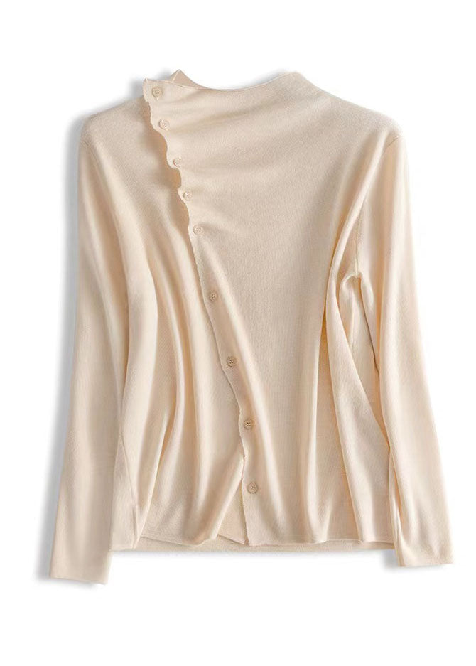 Beige Asymmetrical Wrinkled Button Wool Knit Pullover Spring