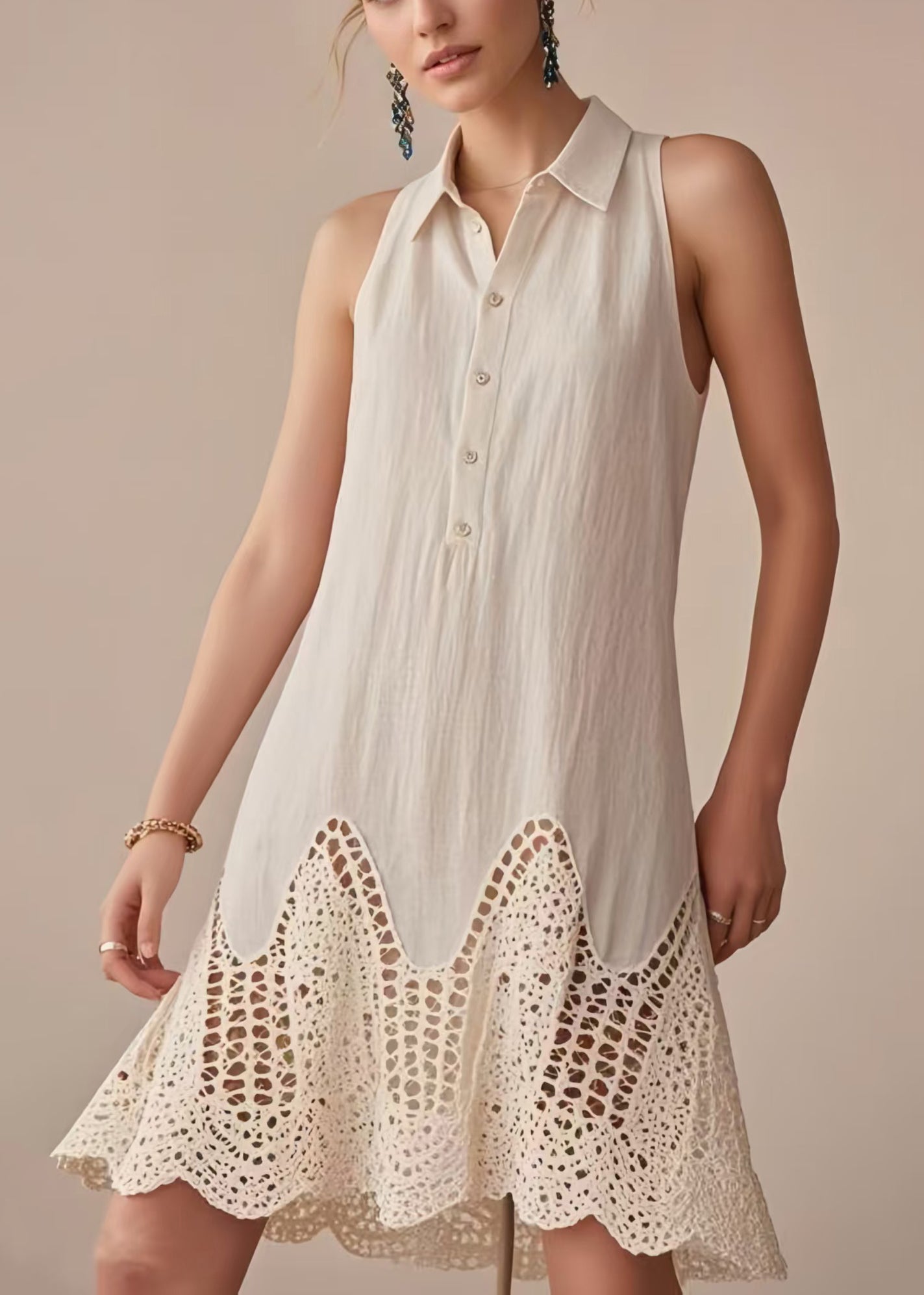 Beige Cold Shoulder Patchwork Lace Day Dress Sleeveless