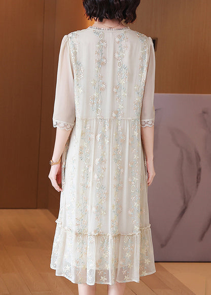 Beige Embroidered Lace Ruffled Silk Dresses Half Sleeve