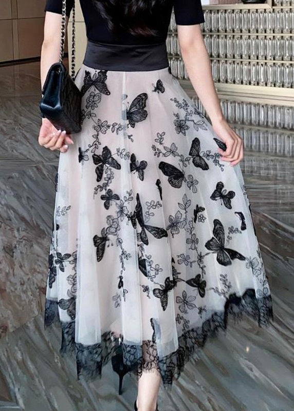 Beige Embroidered Tie Waist Tulle a Line Skirt Summer