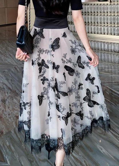 Beige Embroidered Tie Waist Tulle a Line Skirt Summer