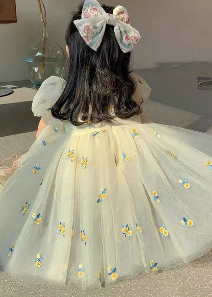 Beige Embroideried Wrinkled Patchwork Tulle Kids Dress Summer