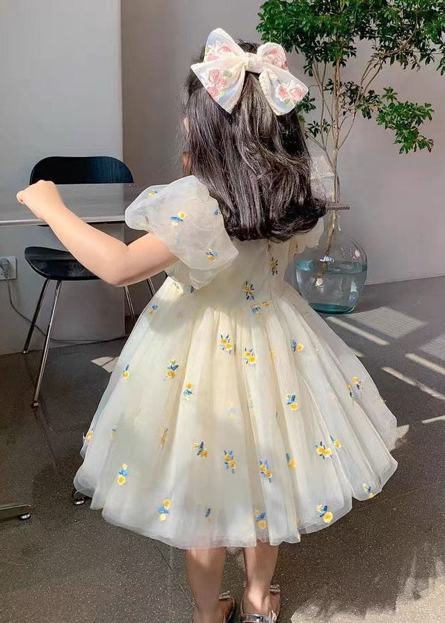Beige Embroideried Wrinkled Patchwork Tulle Kids Dress Summer
