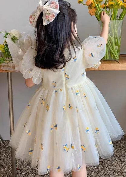 Beige Embroideried Wrinkled Patchwork Tulle Kids Dress Summer