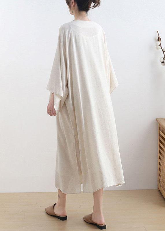 Beige O-neck Button Maxi Dresses Fall Cotton Dress