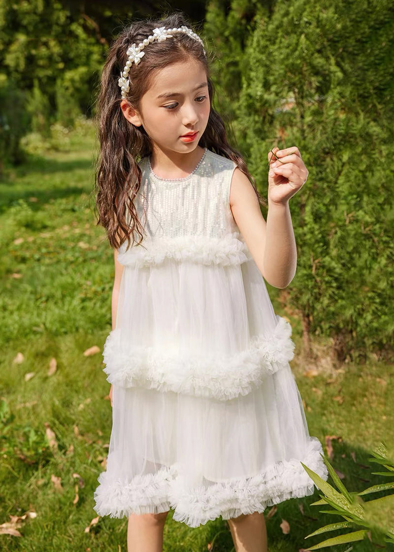 Beige O-neck Patchwork Tulle Kids Mid Dresses Summer