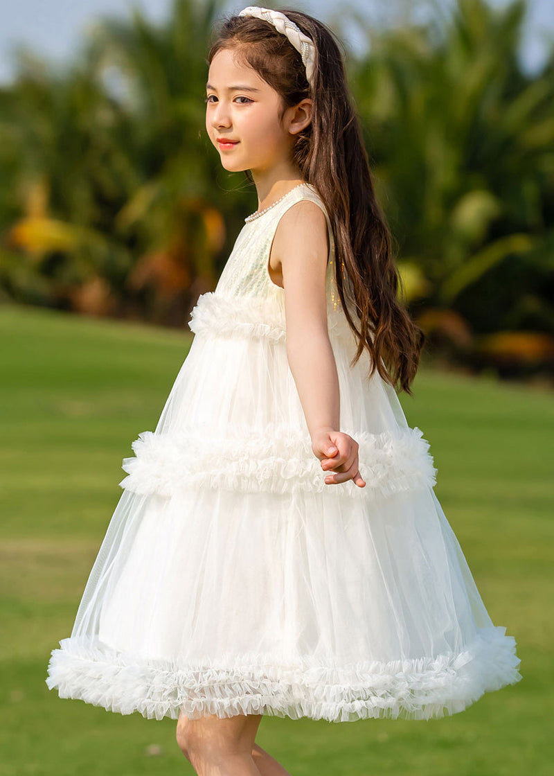 Beige O-neck Patchwork Tulle Kids Mid Dresses Summer