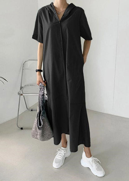 Beige Patchwork Button Hoded Long Shirt Dress Short Sleeve