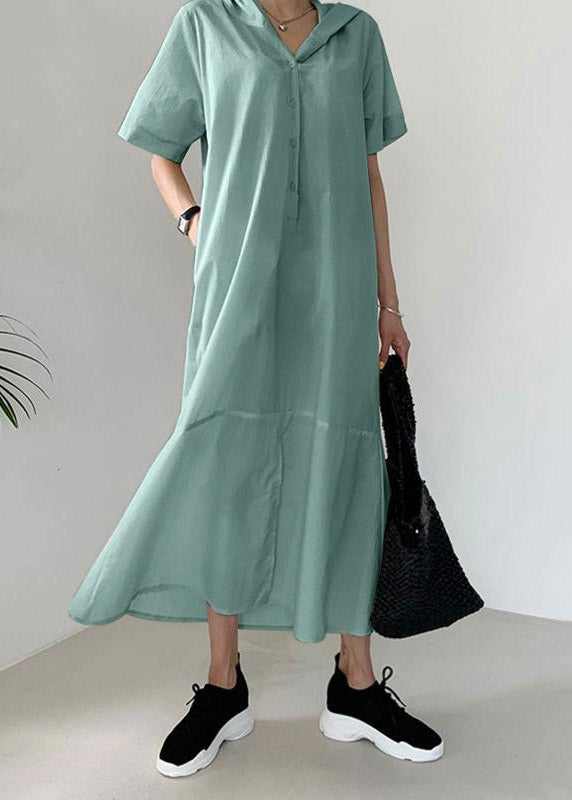 Beige Patchwork Button Hoded Long Shirt Dress Short Sleeve