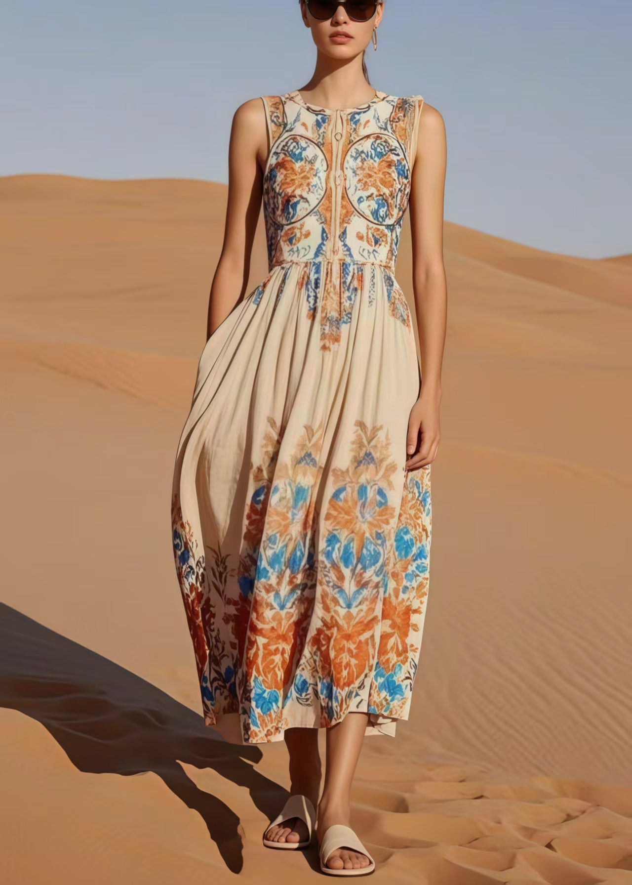 Beige Print Cotton Party Dress Sleeveless
