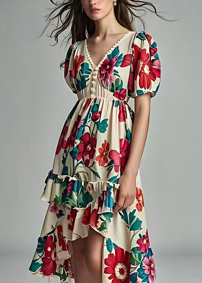 Beige Print Low High Design Cotton Dress Summer