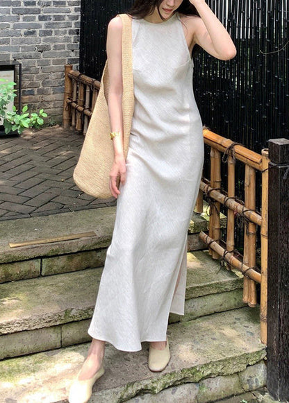 Beige Side Open Linen Ankle Dress Summer