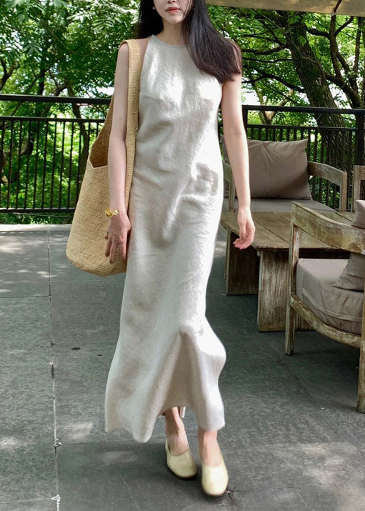Beige Side Open Linen Ankle Dress Summer