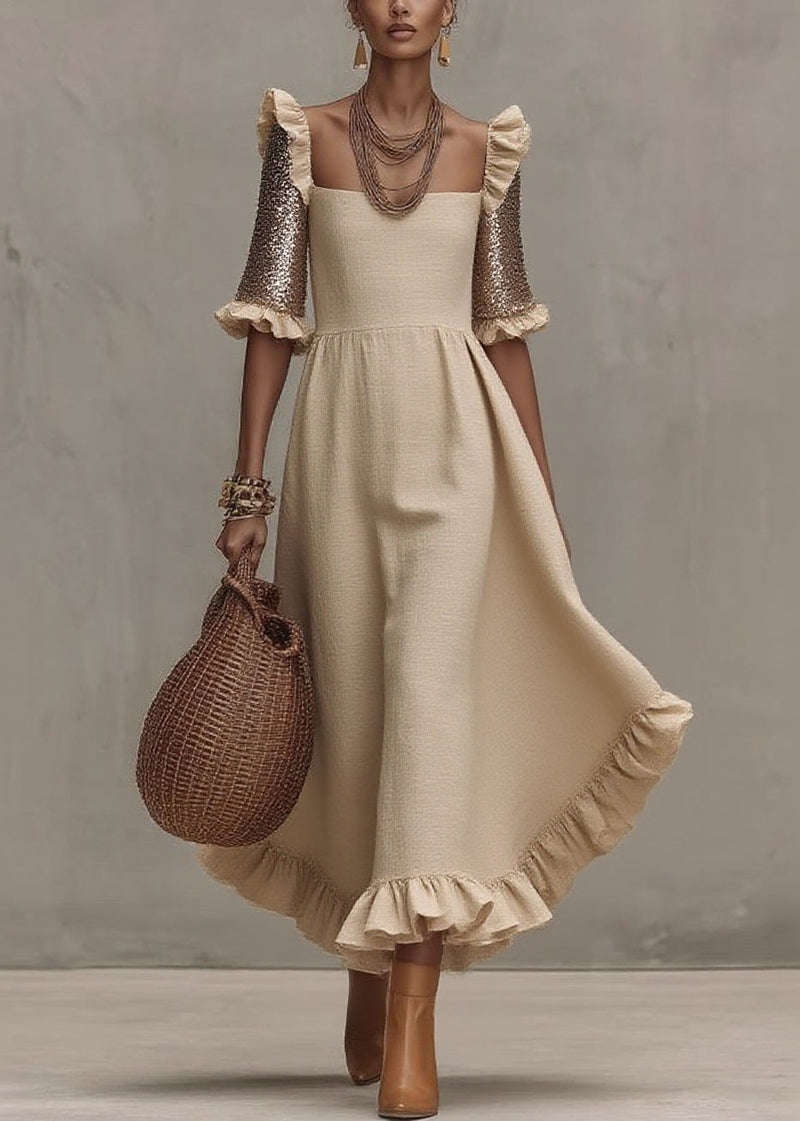 Beige Square Collar Ruffled Wrinkled Long Dress Summer
