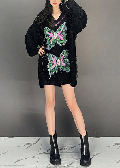 Beige V Neck Butterfly Knit Sweater Dress Fall