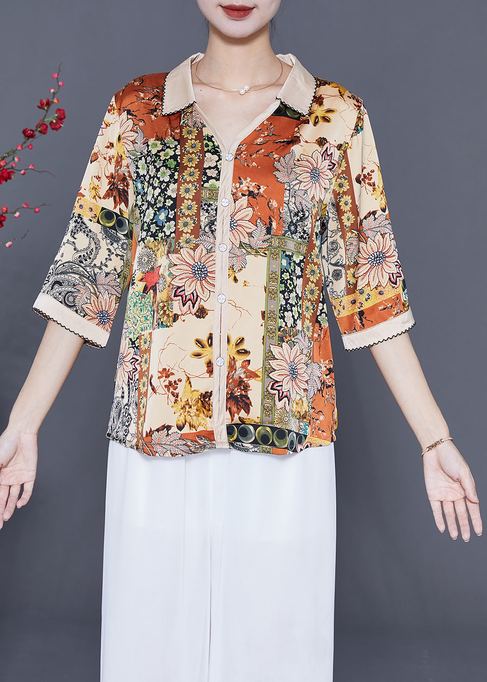 Beige V Neck Print Silk Shirt Top Half Sleeve