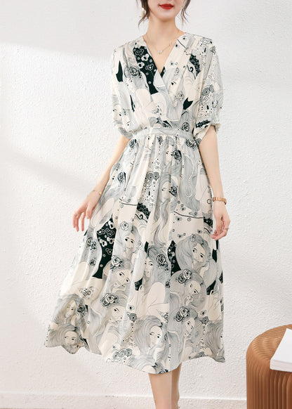 Beige V Neck Print Tie Waist Chiffon Maxi Dress Short Sleeve