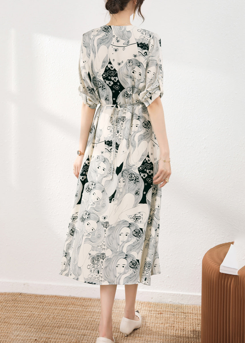 Beige V Neck Print Tie Waist Chiffon Maxi Dress Short Sleeve