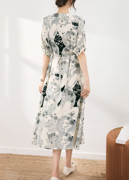 Beige V Neck Print Tie Waist Chiffon Maxi Dress Short Sleeve