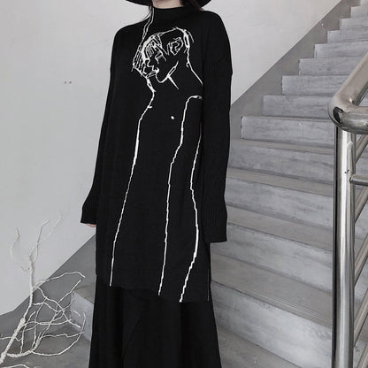 Black Abstract Portrait Knit Blouse High Neck Clothing Knitwear