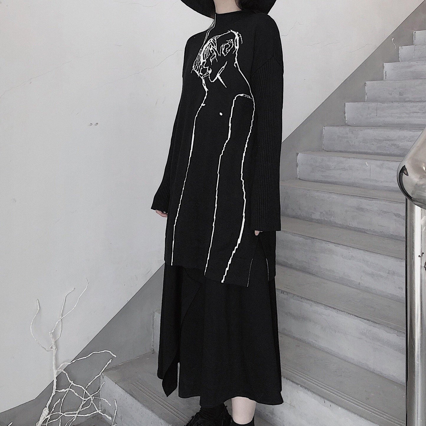 Black Abstract Portrait Knit Blouse High Neck Clothing Knitwear