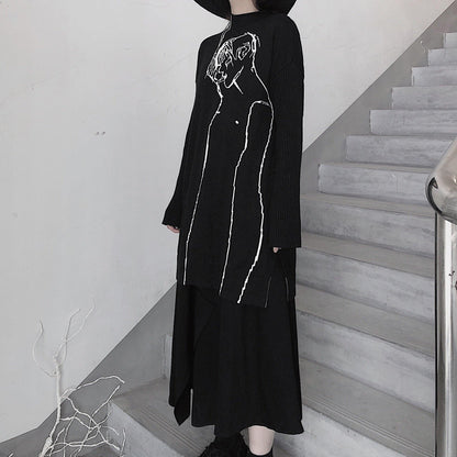 Black Abstract Portrait Knit Blouse High Neck Clothing Knitwear