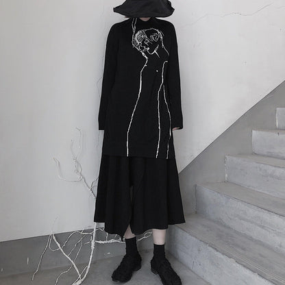 Black Abstract Portrait Knit Blouse High Neck Clothing Knitwear