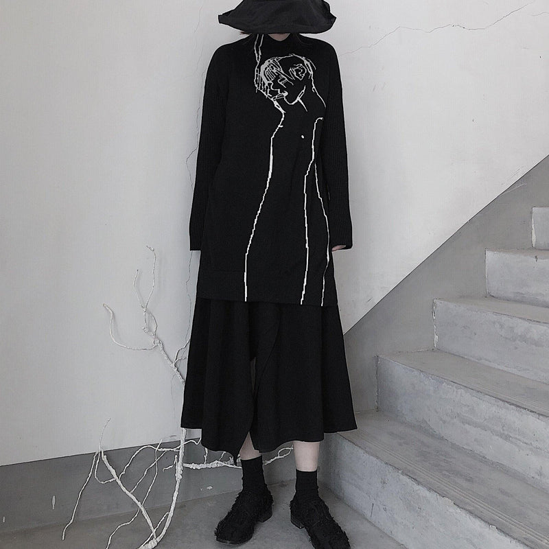 Black Abstract Portrait Knit Blouse High Neck Clothing Knitwear