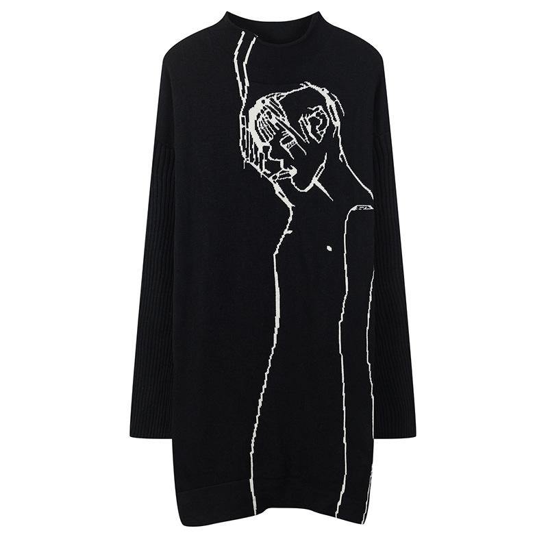 Black Abstract Portrait Knit Blouse High Neck Clothing Knitwear
