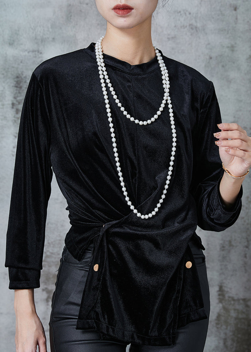 Black Asymmetrical Silm Fit Silk Velour Shirts Spring