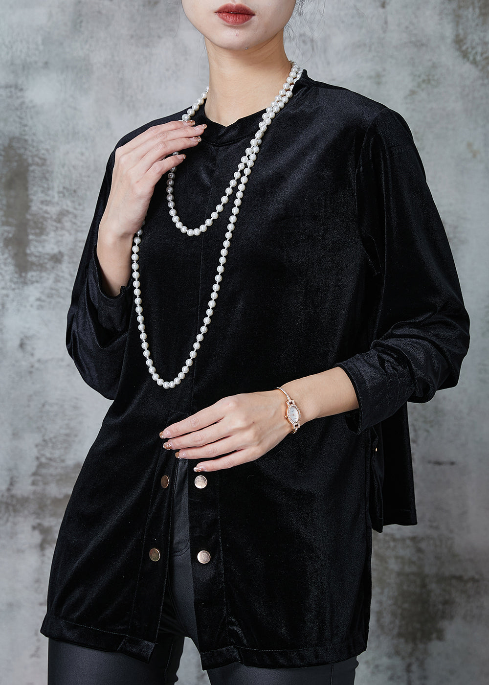 Black Asymmetrical Silm Fit Silk Velour Shirts Spring