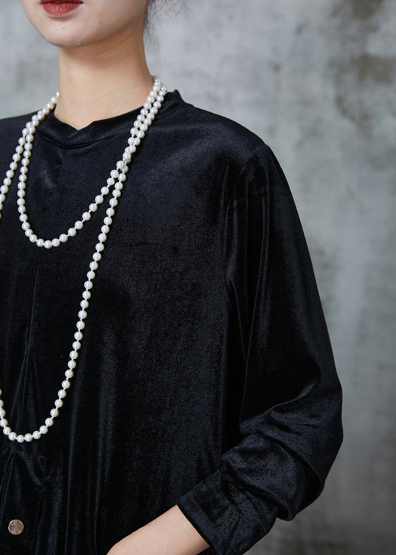 Black Asymmetrical Silm Fit Silk Velour Shirts Spring