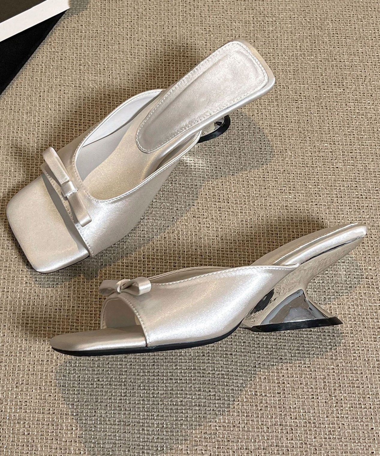 Black Bow Splicing Satin Wedge Slide Sandals